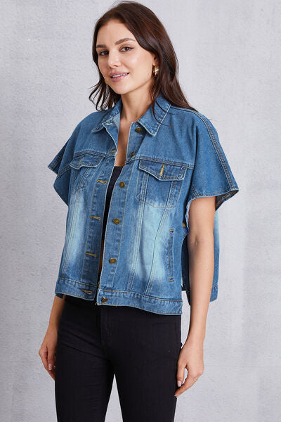 Hazel Blues® |  Pocketed Button Up Short Sleeve Denim Top