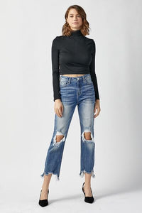 Hazel Blues® |  RISEN High Waist Distressed Frayed Hem Cropped Straight Jeans