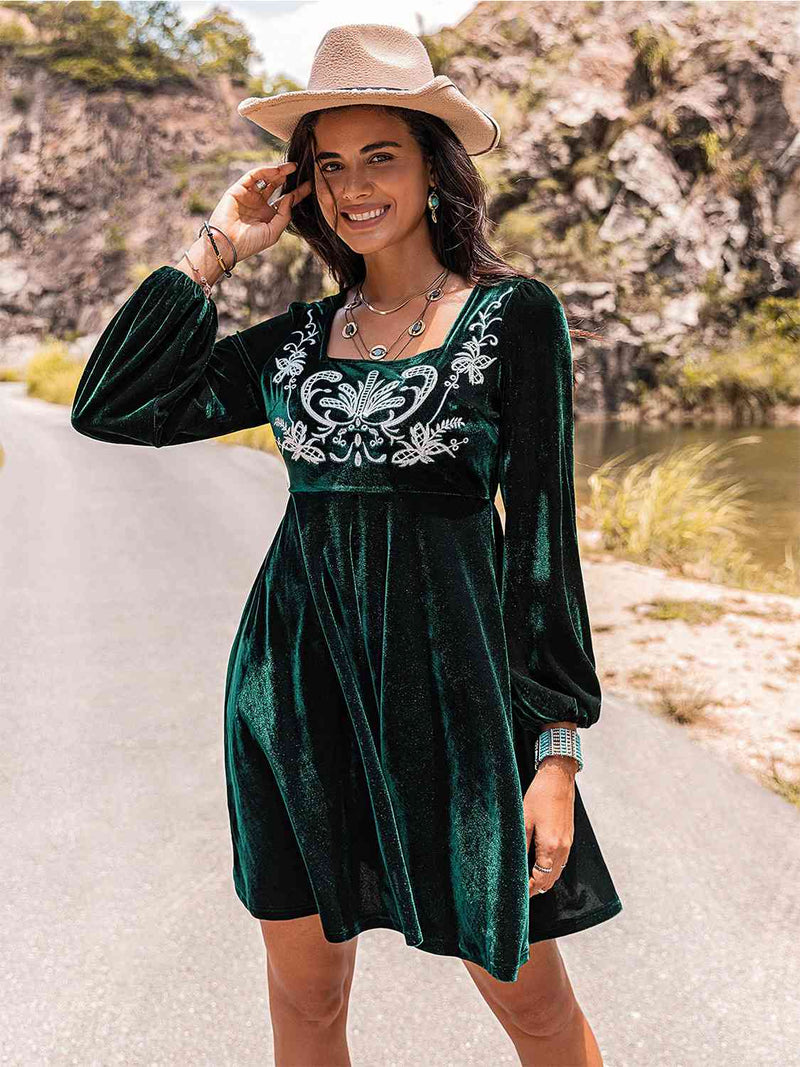 Hazel Blues® |  Embroidered Square Neck Long Sleeve Dress