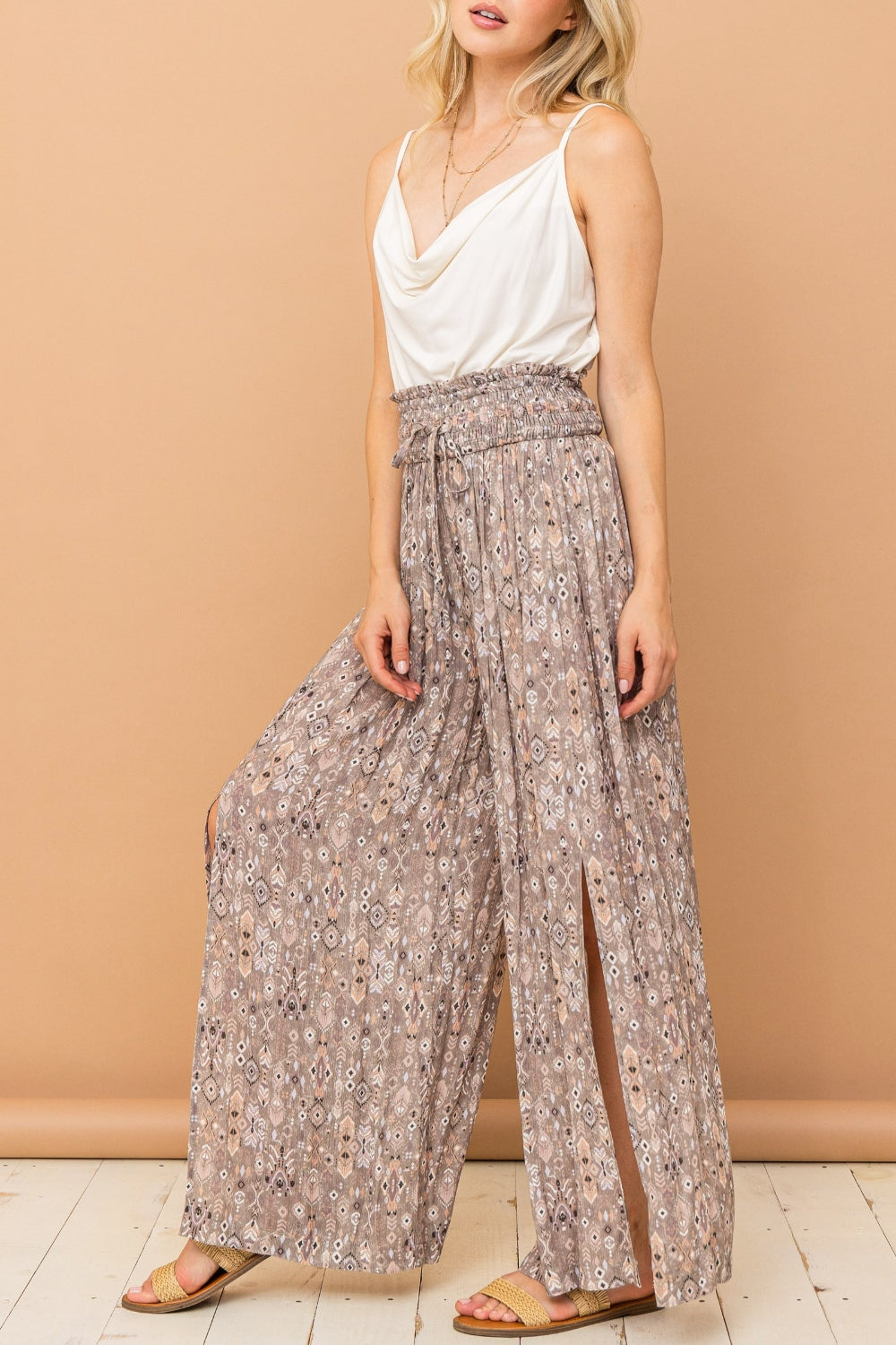 Hazel Blues® |  And The Why Printed Smocked Waist Slit Wide Leg Pants