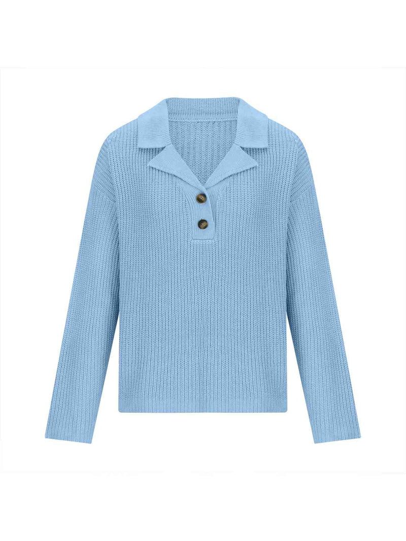 Hazel Blues® |  Collared Neck Half Button Knit Top