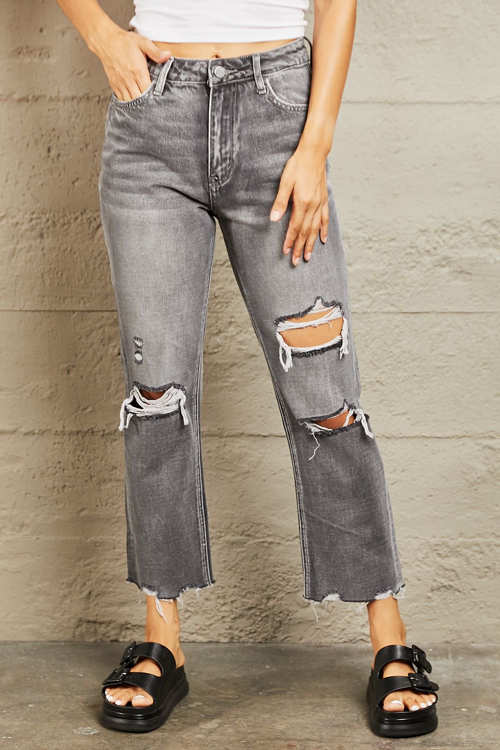 Hazel Blues® |  BAYEAS Mid Rise Distressed Cropped Dad Jeans