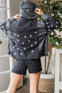 Hazel Blues® |  Veveret Star Embroidered Hooded Denim Jacket