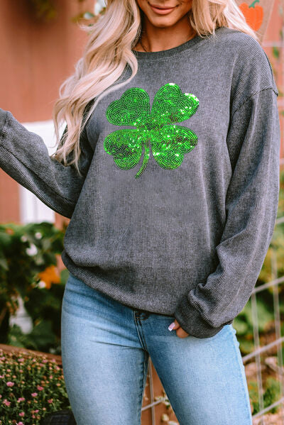 Hazel Blues® |  Lucky Clover Sequin Round Neck Sweatshirt