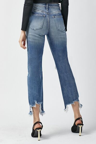 Hazel Blues® |  RISEN High Waist Distressed Frayed Hem Cropped Straight Jeans