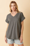 Hazel Blues® |  Mittoshop V-Neck Rolled Short Sleeve T-Shirt