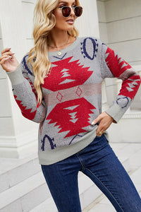 Hazel Blues® |  Printed Round Neck Long Sleeve Sweater