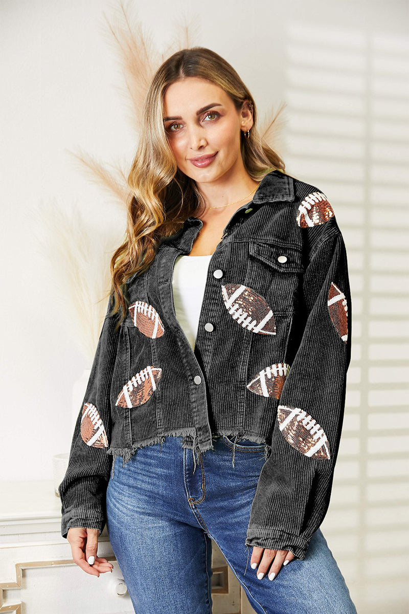 Hazel Blues® | PREORDER Sequin Football Patch Raw Hem Jacket