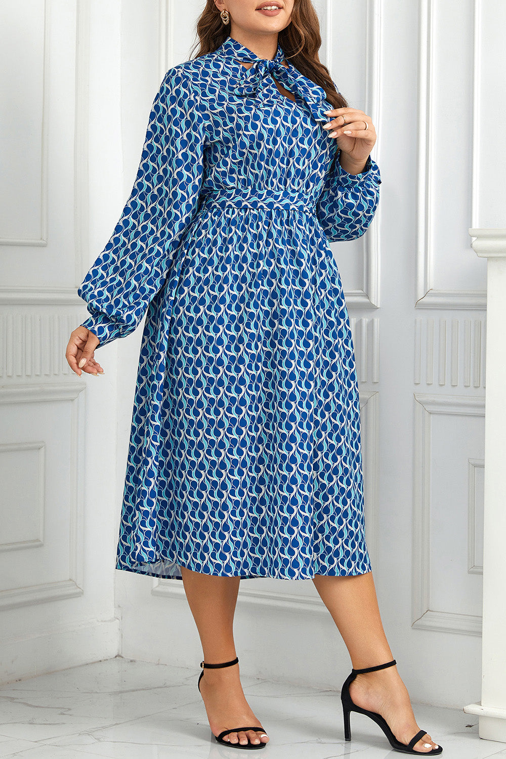 Hazel Blues® | Printed Tie Neck Midi Dress