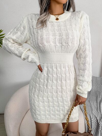 Hazel Blues® |  Cable-Knit Round Neck Mini Wrap Sweater Dress