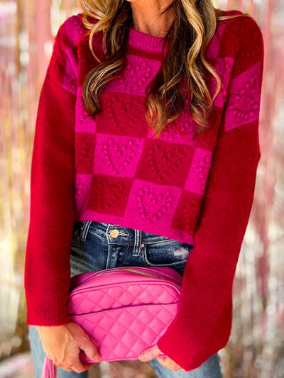 Hazel Blues® |  Plaid Heart Round Neck Sweater