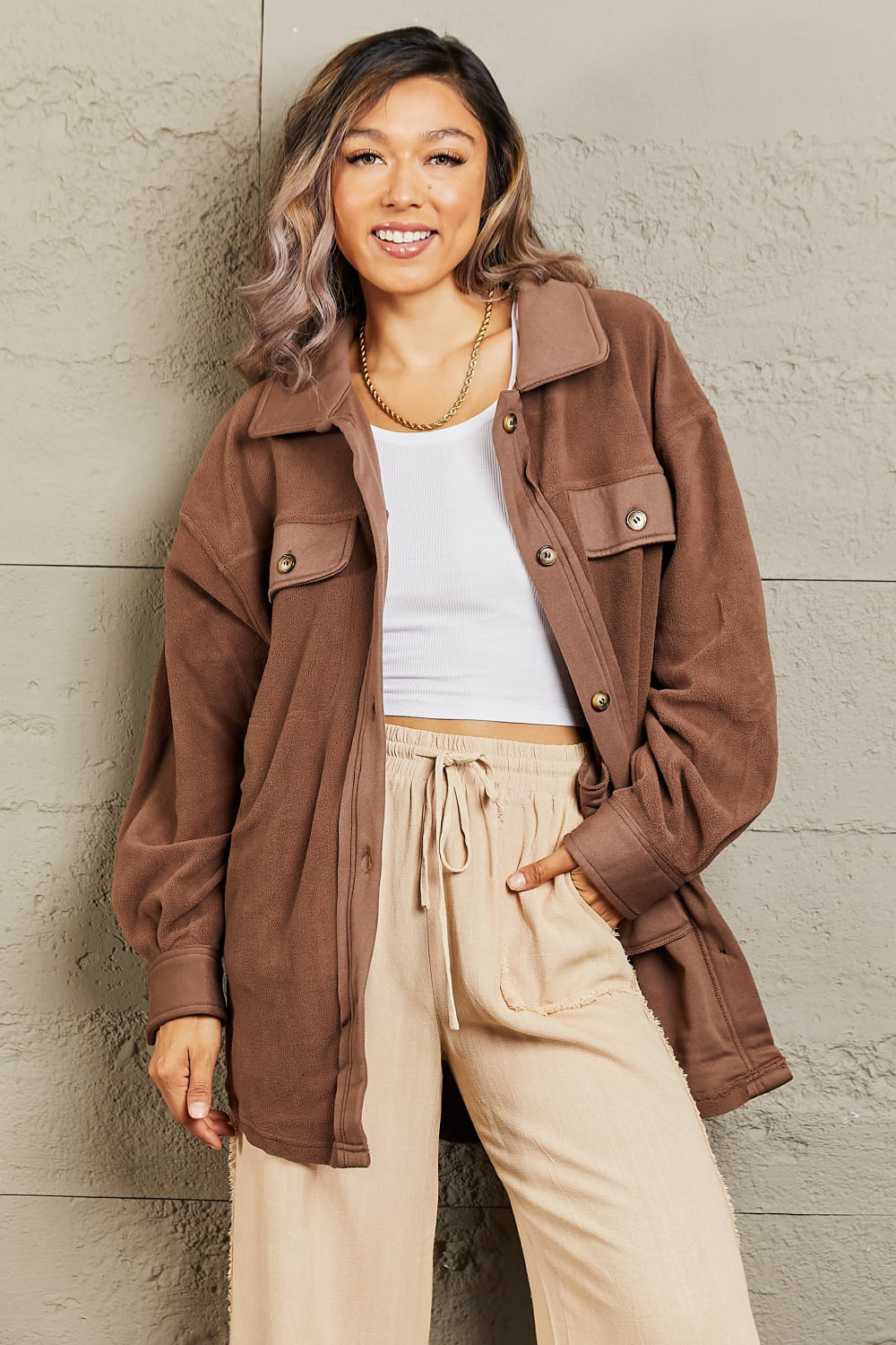 Sassy Khaki Brown Faux Leather Shacket - Edgy Shackets – Shop the Mint