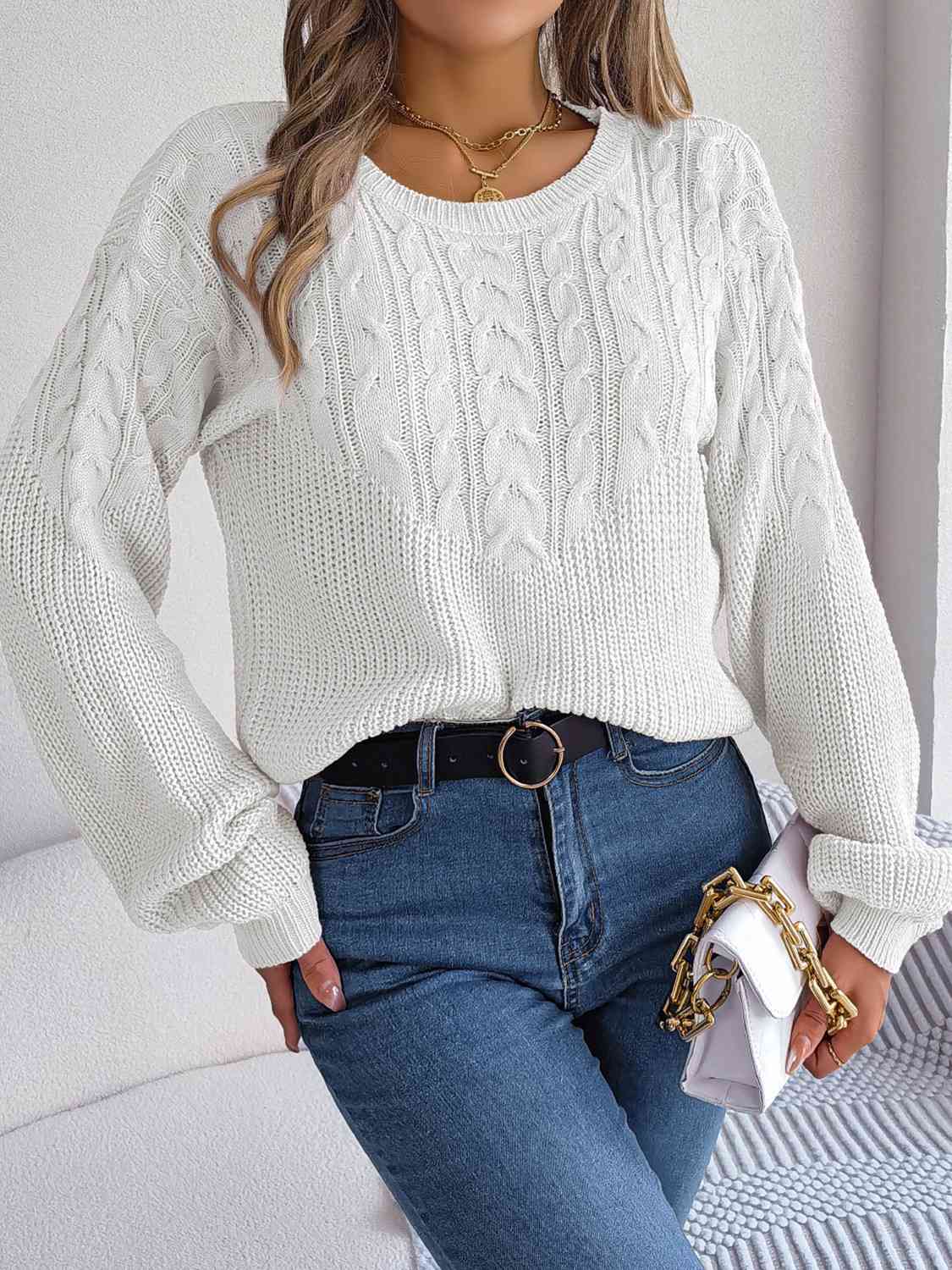 Hazel Blues® |  Cable-Knit Round Neck Drop Shoulder Sweater