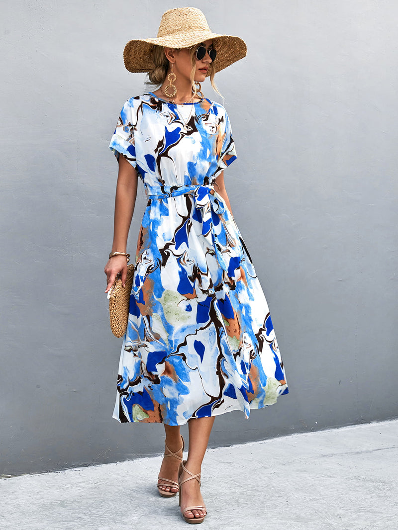 Hazel Blues® |  Round Neck Short Sleeve Tie Waist Midi Dress