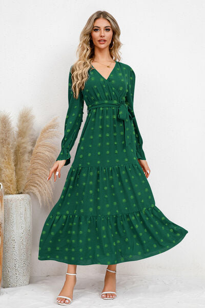 Swiss Dot Tied Surplice Flounce Sleeve Dress Cobald Blue / L