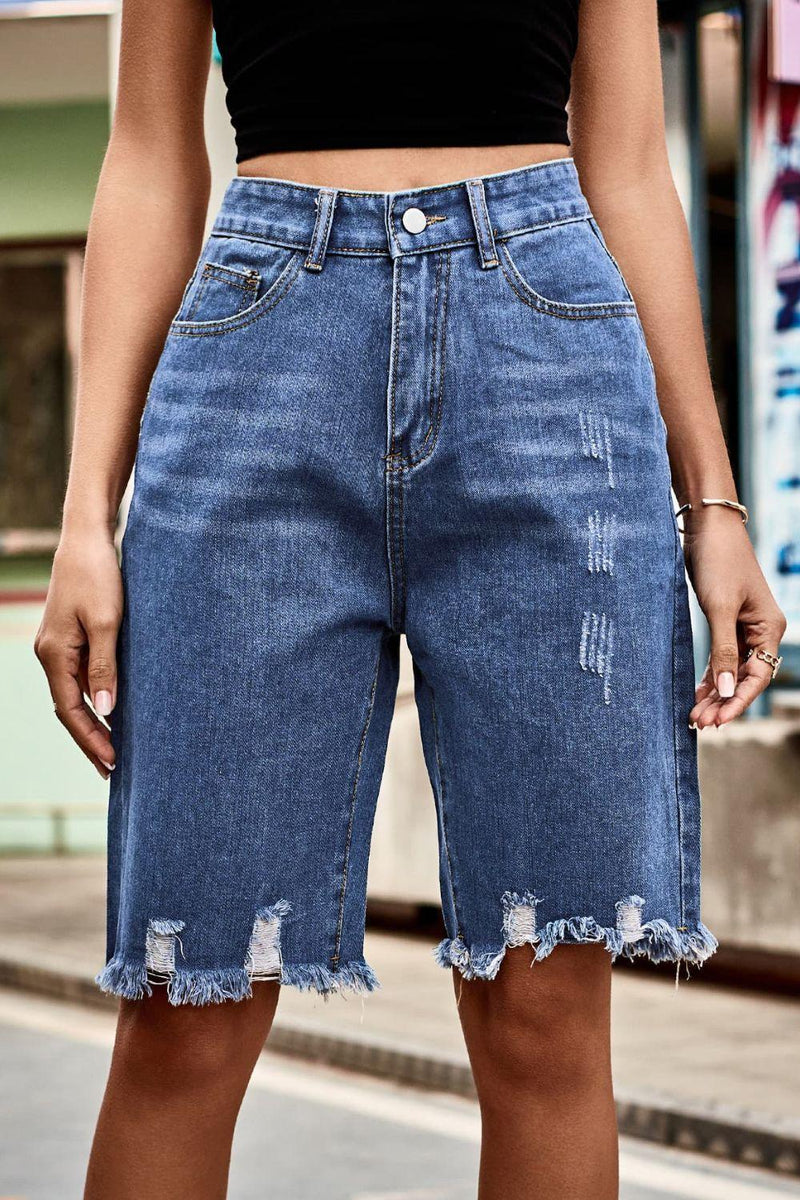 Hazel Blues® | Raw Hem High Waist Denim Shorts with Pockets - Hazel Blues®