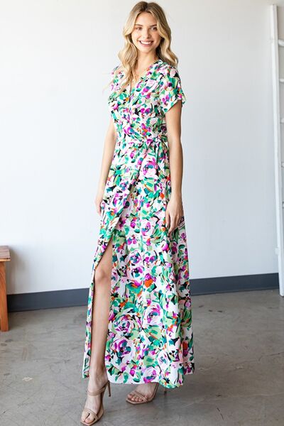 First Love Slit Printed Surplice Tie Waist Short Sleeve Dress Multi / S