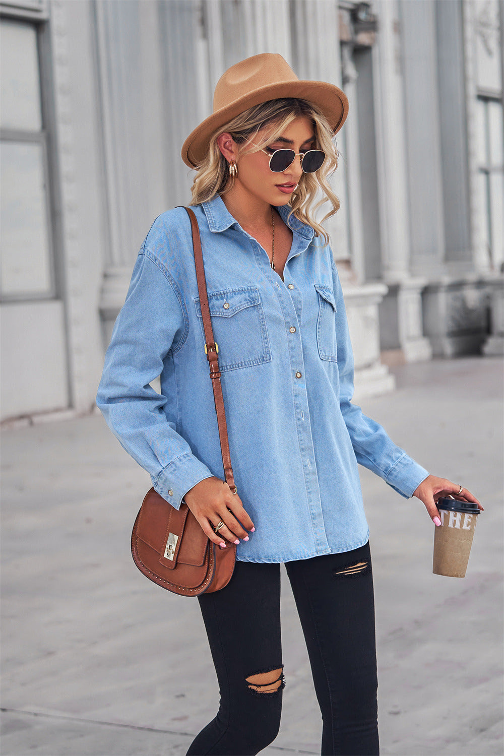 Hazel Blues® |  Collared Neck Dropped Shoulder Denim Top