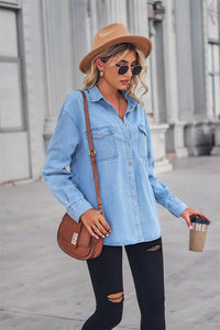 Hazel Blues® |  Collared Neck Dropped Shoulder Denim Top