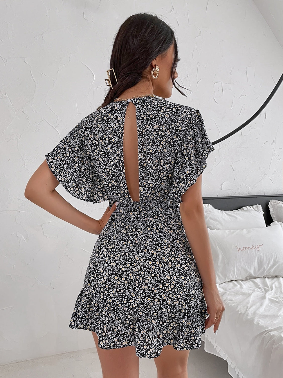 Hazel Blues® |  Cutout Ditsy Floral Surplice Flounce Sleeve Dress