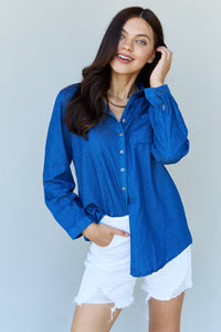 Hazel Blues® |  Doublju Blue Jean Baby Denim Button Down Shirt Top in Dark Blue