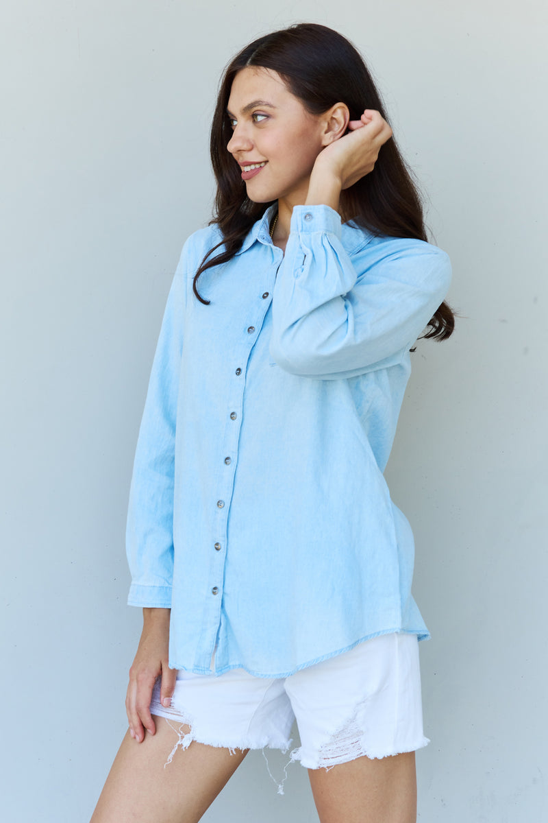 Hazel Blues® |  Doublju Blue Jean Baby Denim Button Down Shirt Top in Light Blue