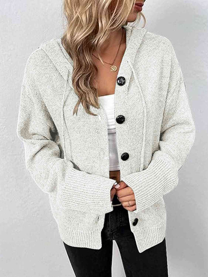 Hazel Blues® |  Button Up Drawstring Long Sleeve Hooded Cardigan