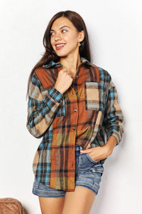 Hazel Blues® |  Double Take Plaid Curved Hem Shirt Jacket with Breast Pockets