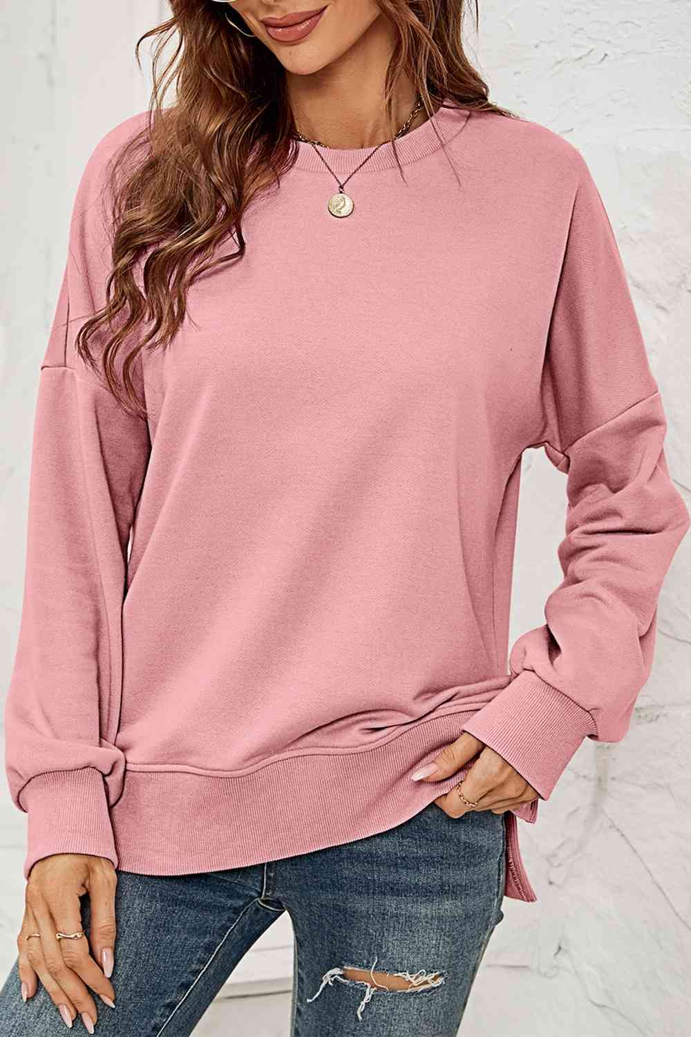 Hazel Blues® |  Round Neck  Dropped Shoulder Slit Sweatshirt