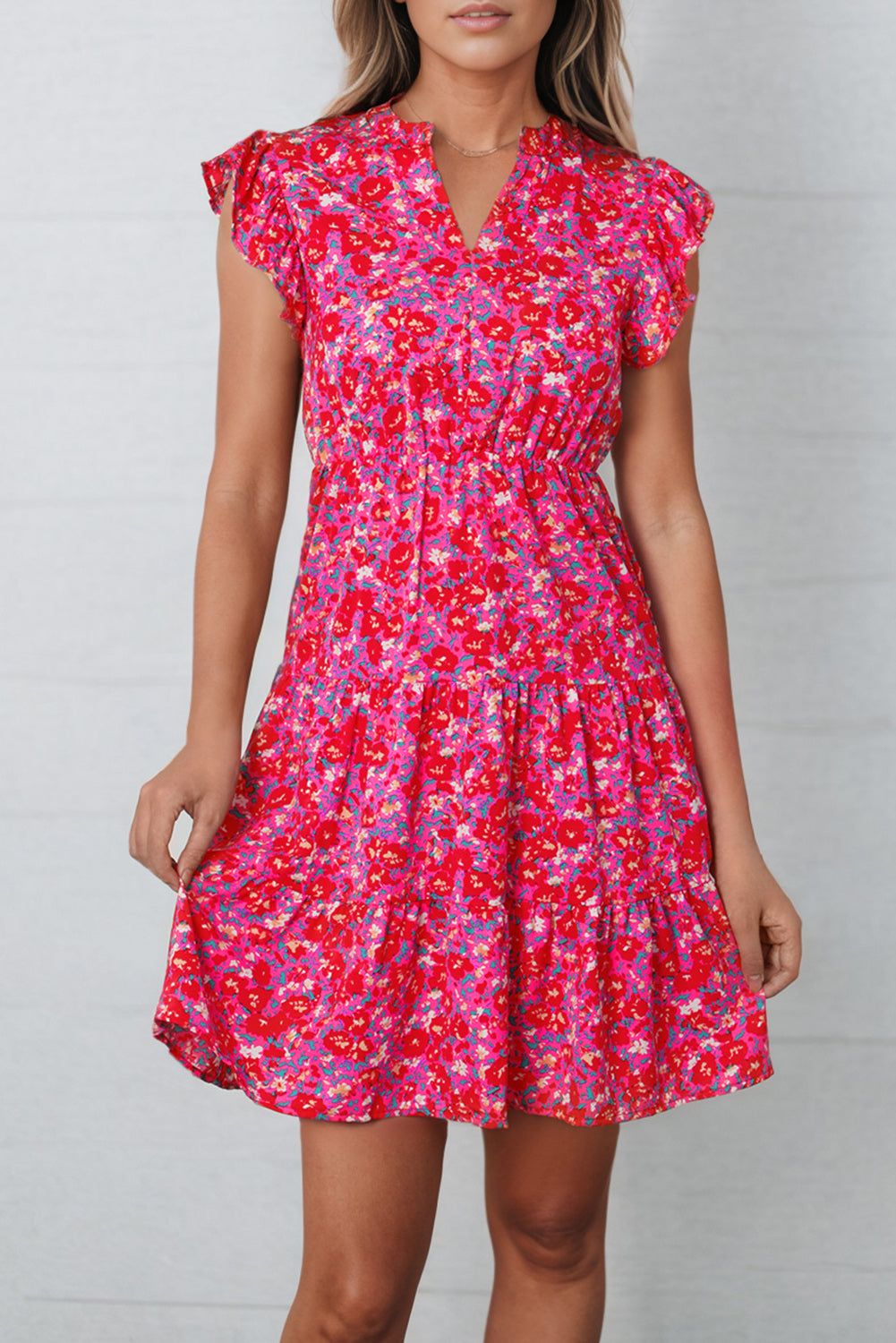 Hazel Blues® |  Floral Print Notched Neck Cap Sleeve Mini Dress