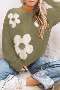 Hazel Blues® |  Round Neck Floral Pattern Color Contrast  Design Long Sleeve Sweater