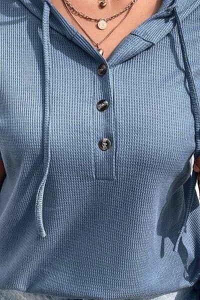 Hazel Blues® | Waffle-Knit Half Button Short Sleeve Hoodie