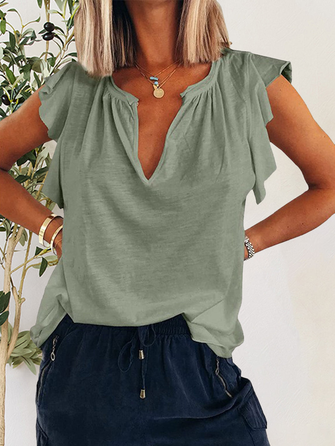 Hazel Blues® |  Ruffled Notched Cap Sleeve T-Shirt