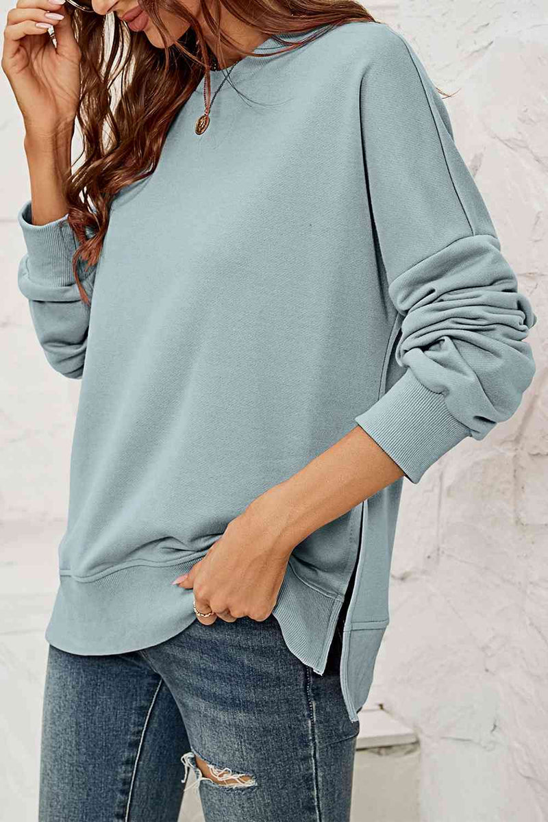 Hazel Blues® |  Round Neck  Dropped Shoulder Slit Sweatshirt