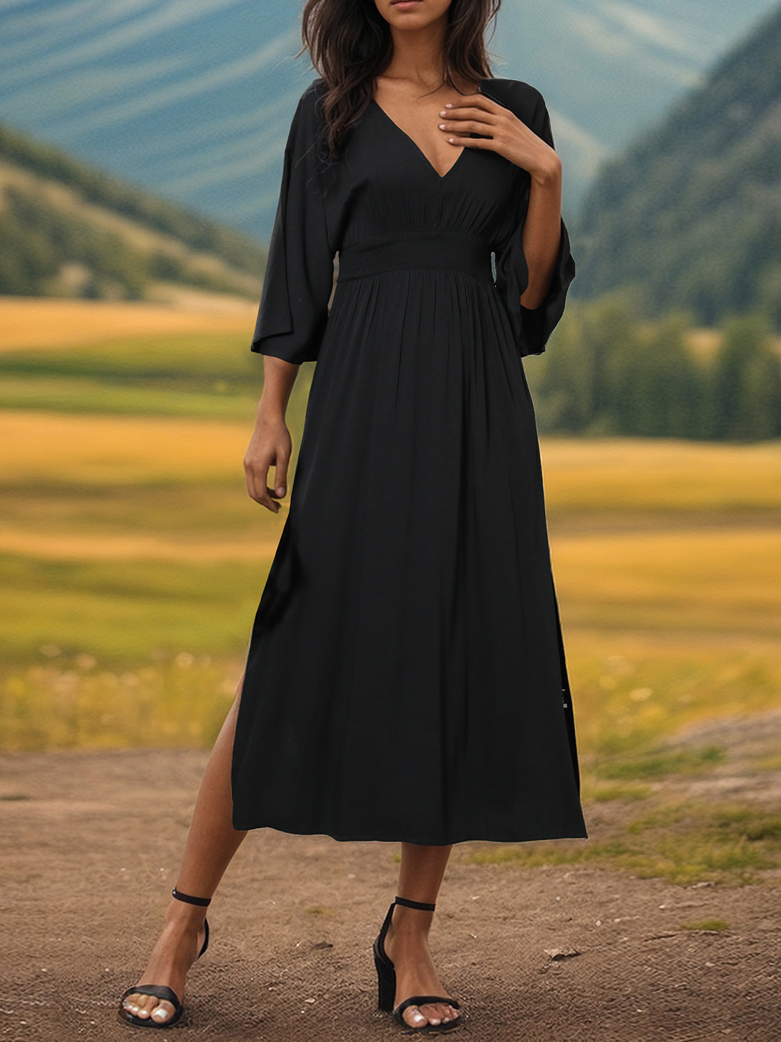 Hazel Blues® |  Slit V-Neck Long Sleeve Midi Dress