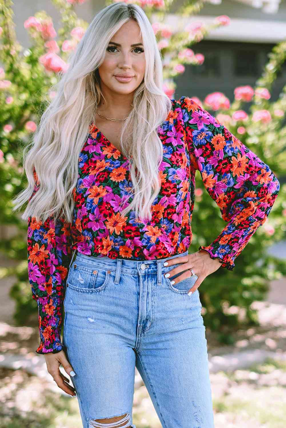 Hazel Blues® |  Flower Surplice Long Sleeve Top