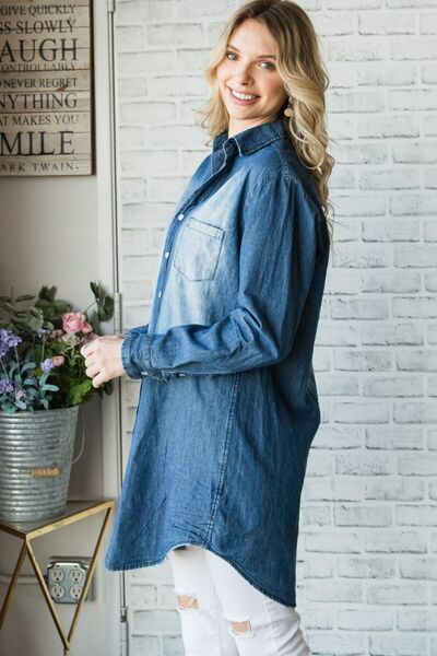 Hazel Blues® |  Veveret Pocketed Button Up Washed Denim Shirt