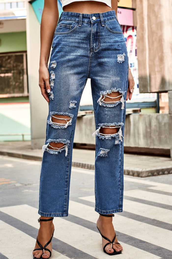 Hazel Blues® |  Distressed Buttoned Jeans with Pockets