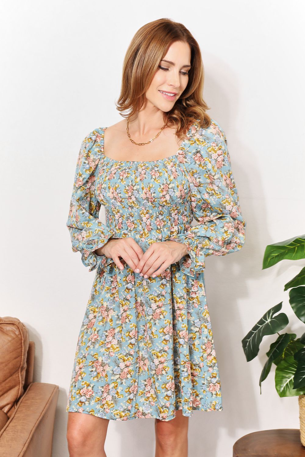 Hazel Blues® |  Double Take Floral Smocked Flounce Sleeve Square Neck Dress