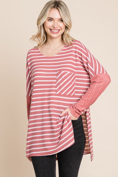 Hazel Blues® |  Culture Code Oversize Striped Round Neck Long Sleeve Slit T-Shirt