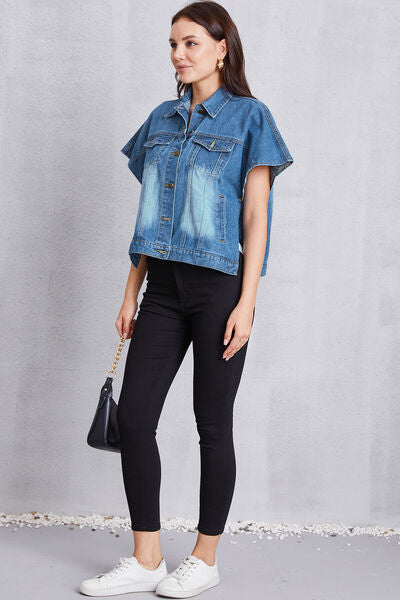 Hazel Blues® |  Pocketed Button Up Short Sleeve Denim Top