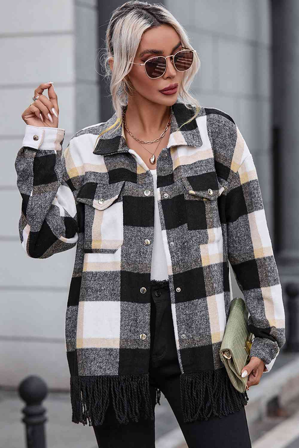 Hazel Blues® |  Plaid Collared Neck Snap Front Jacket