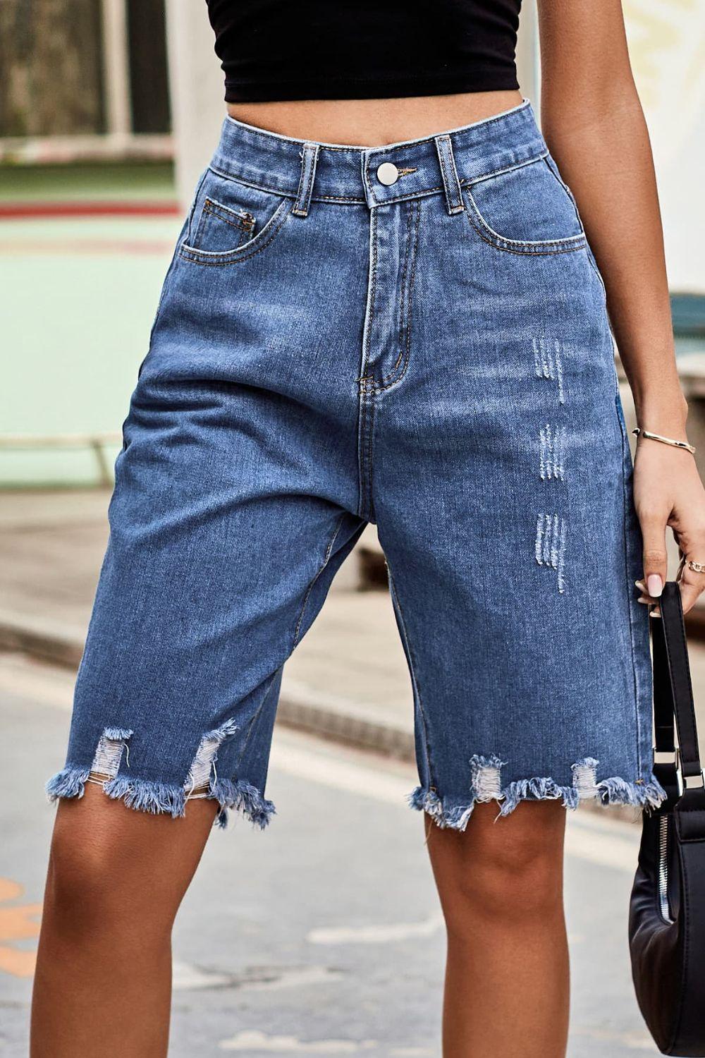 Hazel Blues® | Raw Hem High Waist Denim Shorts with Pockets - Hazel Blues®