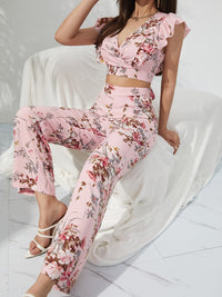 Hazel Blues® |  Printed Surplice Cap Sleeve Top and Pants Set