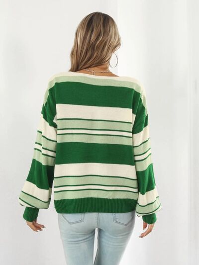 Hazel Blues® |  Striped V-Neck Dropped Shoulder Sweater