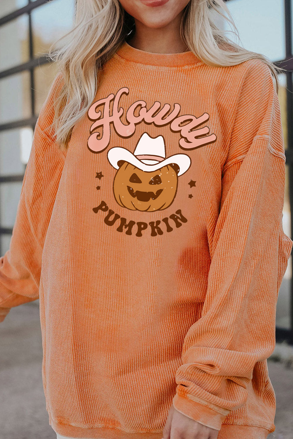 Hazel Blues® |  HOWDY Pumpkin Graphic Ribbed Sweatshirt