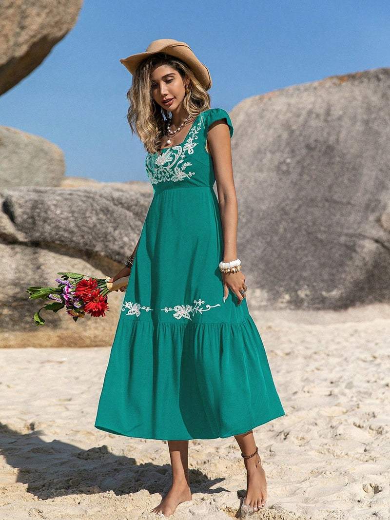 Hazel Blues | Embroidered Square Neck Cap Sleeve Dress Hazel Blues | Embroidered Square Neck Cap Sleeve Dress