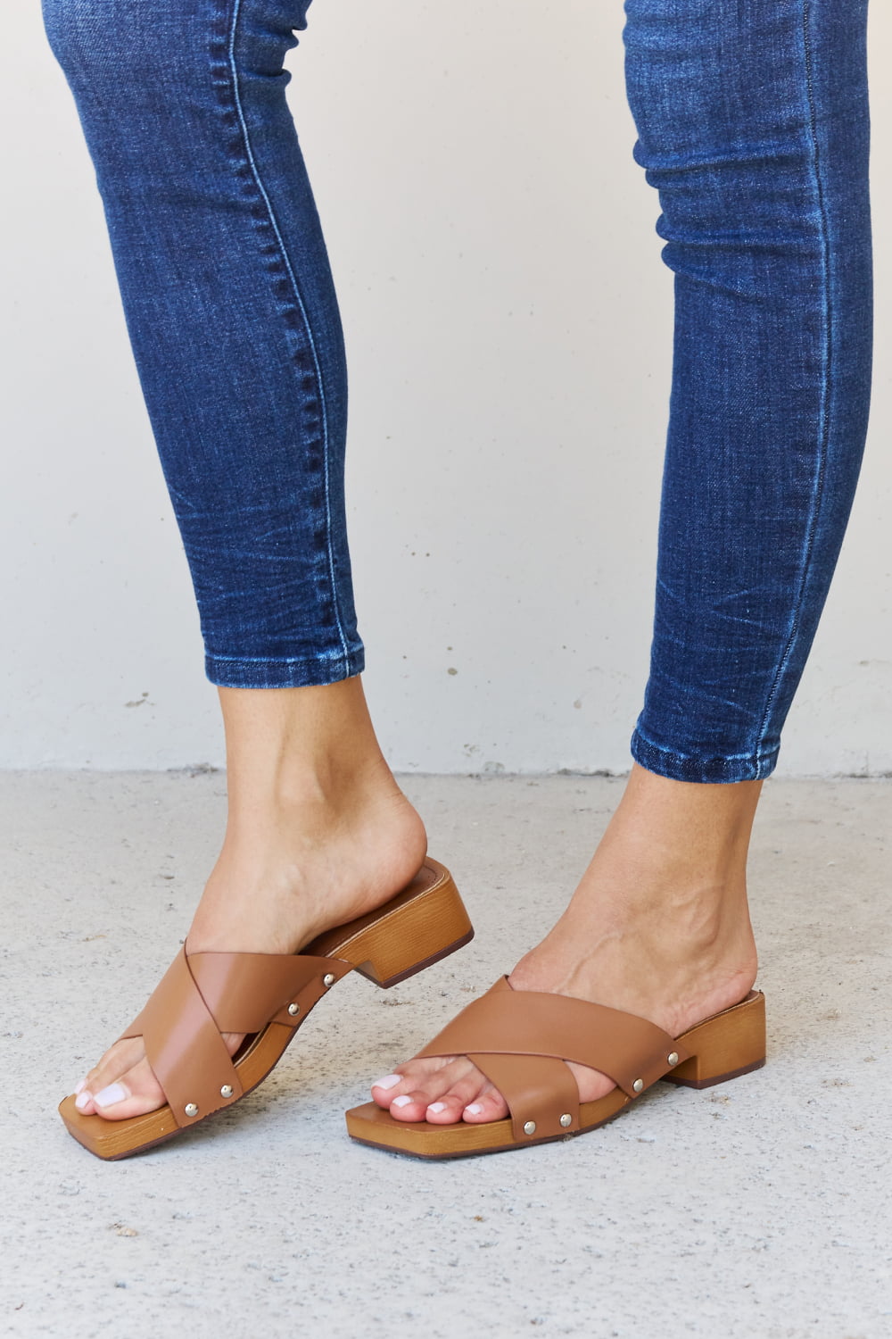 Hazel Blues® |  Weeboo Step Into Summer Criss Cross Wooden Clog Mule in Brown