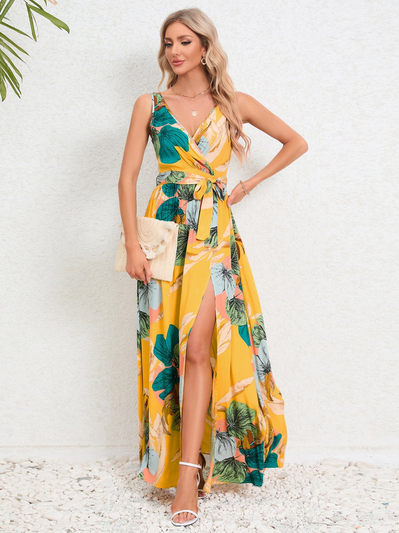 Hazel Blues® |  Slit Tied Printed Surplice Dress