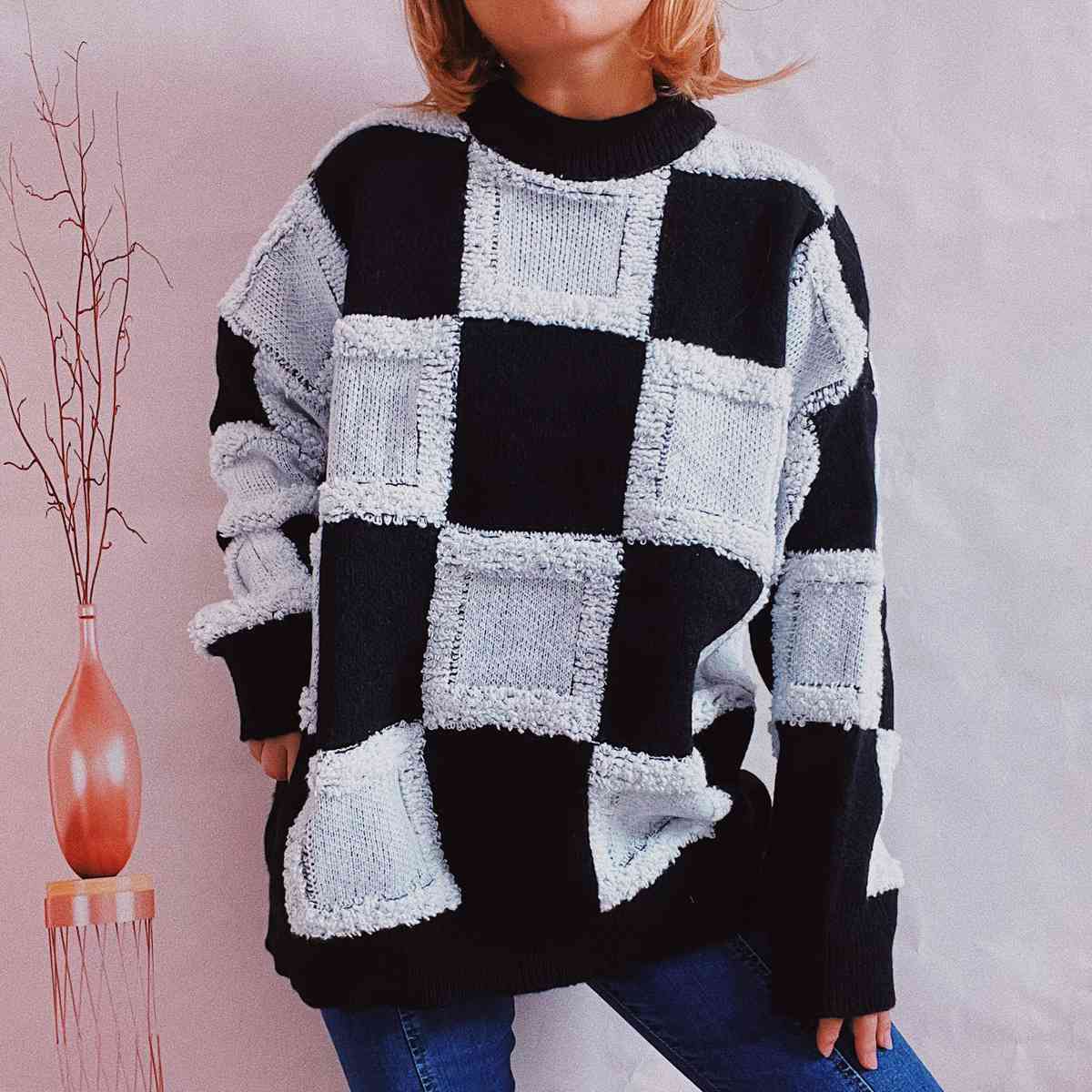 Hazel Blues® |  Checkered Round Neck Long Sleeve Sweater